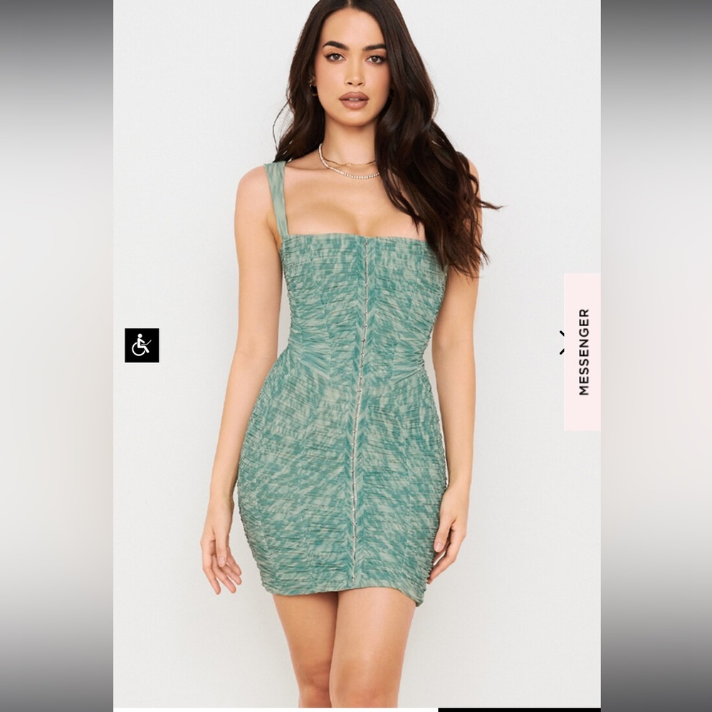 NWT House of cb IVY PRINT RUCHED MESH MINI DRESS